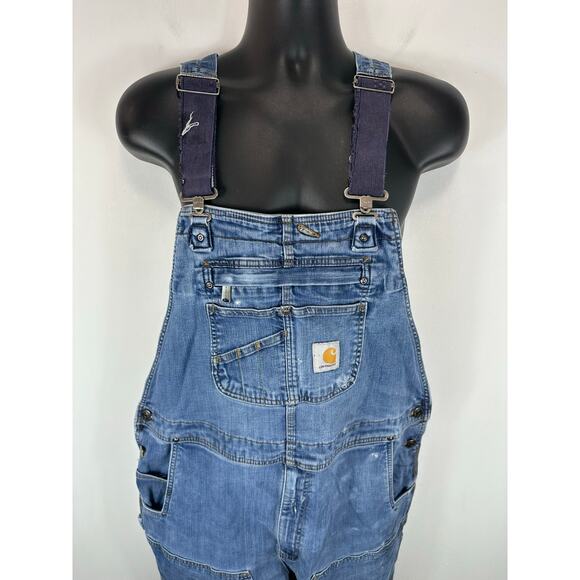Carhartt Double Knee Denim Overalls Carpenter Workwear Utility 42x30 Distressed - Picture 9 of 16